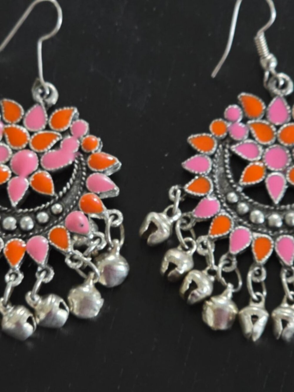 New Oxidized Silver Floral Chandbali Earrings Pink Orange Enamel Garba Navratri